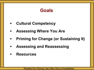 Goals
 Cultural Competency
 Assessing Where You Are
 Priming for Change (or Sustaining It)
 Assessing and Reassessing
 Resources
Rosetta Eun Ryong Lee (http://tiny.cc/rosettalee)
 
