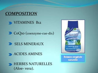 COMPOSITION

  VITAMINES B12

  CoQ10 (coenzyme-cue-dix)

   SELS MINERAUX

  ACIDES AMINES

  HERBES NATURELLES
  (Aloe- vera).
 