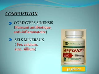 COMPOSITION

  CORDYCEPS SINENSIS
  (Puissant antibiotique,
  anti-inflammatoire)

   SELS MINERAUX
   ( Fer, calcium,
   zinc, sillium)
 