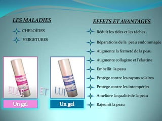 LES MALADIES    EFFETS ET AVANTAGES
  CHELOÏDES      Réduit les rides et les tâches .
   VERGETURES
                 Réparations de la peau endommagée

                 Augmente la fermeté de la peau

                 Augmente collagène et l’élastine

                 Embellit la peau

                 Protège contre les rayons solaires

                 Protège contre les intempéries

                 Améliore la qualité de la peau

                 Rajeunit la peau
 