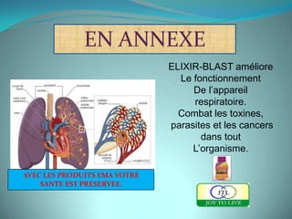 EN ANNEXE
                              ELIXIR-BLAST améliore
                                Le fonctionnement
                                   De l’appareil
                                   respiratoire.
                                Combat les toxines,
                              parasites et les cancers
                                     dans tout
                                   L’organisme.

AVEC LES PRODUITS EMA VOTRE
    SANTE EST PRESERVEE.
 