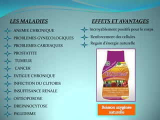 LES MALADIES                 EFFETS ET AVANTAGES
 ANEMIE CHRONIQUE           Incroyablement positifs pour le corps

 PROBLEMES GYNECOLOGIQUES   Renforcement des cellules
                            Regain d’énergie naturelle
 PROBLEMES CARDIAQUES
 PROSTATITE
 TUMEUR
 CANCER
 FATIGUE CHRONIQUE
 INFECTION DU CLITORIS
 INSUFFISANCE RENALE
 OSTEOPOROSE
 DREPANOCYTOSE
 PALUDISME
 