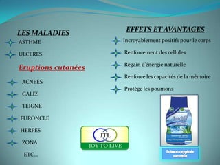 EFFETS ET AVANTAGES
LES MALADIES
ASTHME               Incroyablement positifs pour le corps

ULCERES              Renforcement des cellules

                     Regain d’énergie naturelle
Eruptions cutanées
                     Renforce les capacités de la mémoire
 ACNEES
                     Protège les poumons
 GALES

 TEIGNE

FURONCLE

HERPES

 ZONA

 ETC…
 