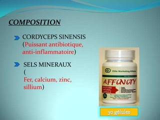 COMPOSITION

  CORDYCEPS SINENSIS
  (Puissant antibiotique,
  anti-inflammatoire)

   SELS MINERAUX
   (
   Fer, calcium, zinc,
   sillium)
 