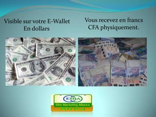 Visible sur votre E-Wallet   Vous recevez en francs
        En dollars            CFA physiquement.
 