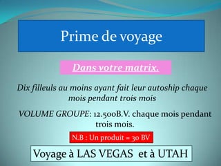 Prime de voyage

               Dans votre matrix.

Dix filleuls au moins ayant fait leur autoship chaque
               mois pendant trois mois
VOLUME GROUPE: 12.500B.V. chaque mois pendant
                trois mois.
               N.B : Un produit = 30 BV

    Voyage à LAS VEGAS et à UTAH
 