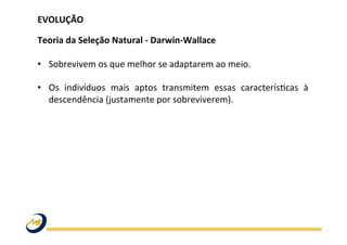 EVOLUÇÃO	
  
	
  
Teoria	
  da	
  Seleção	
  Natural	
  -­‐	
  Darwin-­‐Wallace	
  
	
  
•  Sobrevivem	
  os	
  que	
  melhor	
  se	
  adaptarem	
  ao	
  meio.	
  
•  Os	
   indivíduos	
   mais	
   aptos	
   transmitem	
   essas	
   caracterísWcas	
   à	
  
descendência	
  (justamente	
  por	
  sobreviverem).	
  	
  
	
   	
   	
   	
   	
   	
   	
   	
   	
  	
  
	
  
	
  
 