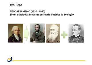 EVOLUÇÃO	
  
	
  
NEODARWINISMO	
  (1930	
  -­‐	
  1940)	
  
Síntese	
  Evolu@va	
  Moderna	
  ou	
  Teoria	
  Sintá@ca	
  da	
  Evolução	
   	
   	
  
	
   	
   	
   	
   	
   	
   	
  	
  
	
  
	
  
 