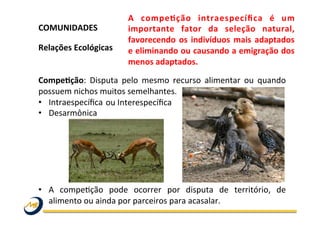 COMUNIDADES	
  	
  
	
  
Relações	
  Ecológicas	
  
	
  
	
  
CompeLção:	
   Disputa	
   pelo	
   mesmo	
   recurso	
   alimentar	
   ou	
   quando	
  
possuem	
  nichos	
  muitos	
  semelhantes.	
  
•  Intraespecíﬁca	
  	
  
•  Desarmônica	
  
	
  
	
  
	
  
	
  
	
  
•  A	
   compeOção	
   pode	
   ocorrer	
   por	
   disputa	
   de	
   território,	
   de	
  
alimento	
  ou	
  ainda	
  por	
  parceiros	
  para	
  acasalar.	
  
ou	
  Interespecíﬁca	
  
A	
   compeLção	
   intraespecíﬁca	
   é	
   um	
  
importante	
   fator	
   da	
   seleção	
   natural,	
  
favorecendo	
  os	
  indivíduos	
  mais	
  adaptados	
  
e	
  eliminando	
  ou	
  causando	
  a	
  emigração	
  dos	
  
menos	
  adaptados.	
  
 