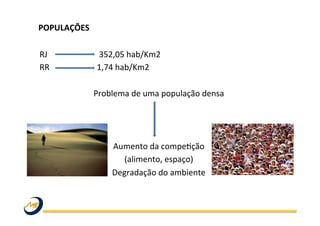 POPULAÇÕES	
  	
  
	
  
RJ	
  	
  	
  	
  	
  	
  	
  	
  	
  	
  	
  	
  	
  	
  	
  	
  	
  	
  	
  	
  	
  	
  	
  	
  	
  352,05	
  hab/Km2	
  
RR	
  	
  	
  	
  	
  	
  	
  	
  	
  	
  	
  	
  	
  	
  	
  	
  	
  	
  	
  	
  	
  	
  	
  1,74	
  hab/Km2	
  
	
  
Problema	
  de	
  uma	
  população	
  densa	
  
	
  	
  	
  	
  	
  	
  
	
  
	
  
Aumento	
  da	
  compeOção	
  
(alimento,	
  espaço)	
  
Degradação	
  do	
  ambiente	
  
	
  
 