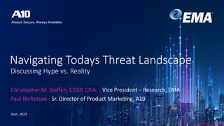 Navigating Todays Threat Landscape
Christopher M. Steffen, CISSP, CISA. - Vice President – Research, EMA
Paul Nicholson - Sr. Director of Product Marketing, A10
Sept. 2023
Discussing Hype vs. Reality
 