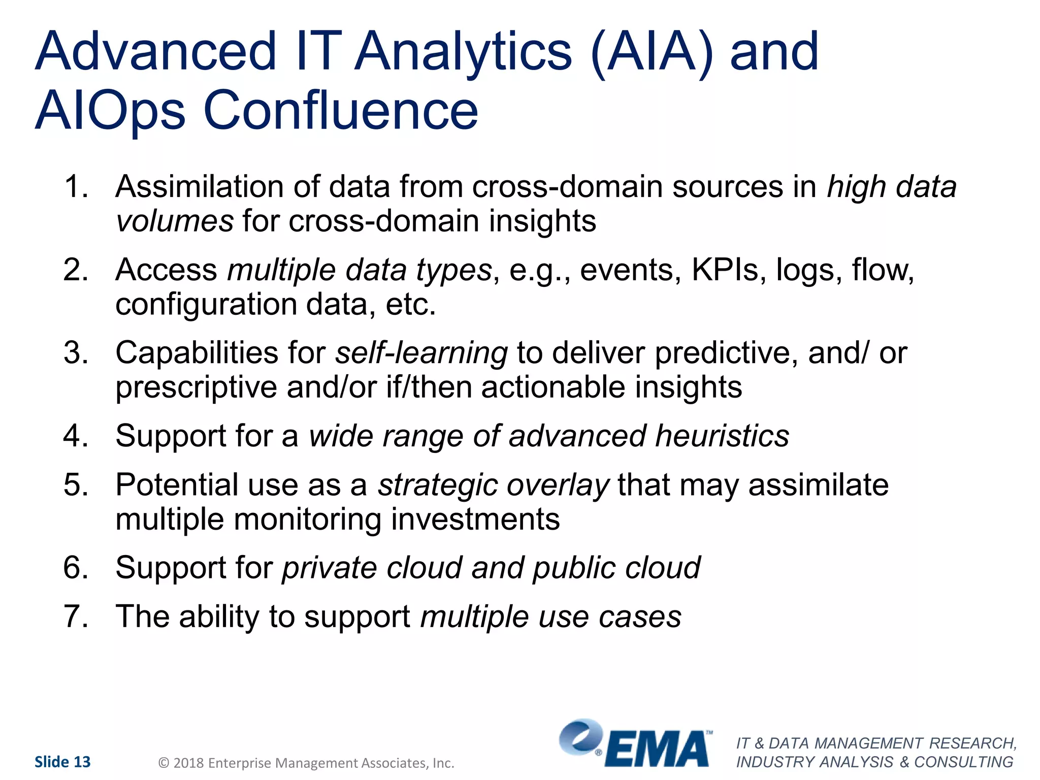 IT & DATA MANAGEMENT RESEARCH,
INDUSTRY ANALYSIS & CONSULTINGSlide 13 © 2018 Enterprise Management Associates, Inc.
Advanced IT Analytics (AIA) and
AIOps Confluence
1. Assimilation of data from cross-domain sources in high data
volumes for cross-domain insights
2. Access multiple data types, e.g., events, KPIs, logs, flow,
configuration data, etc.
3. Capabilities for self-learning to deliver predictive, and/ or
prescriptive and/or if/then actionable insights
4. Support for a wide range of advanced heuristics
5. Potential use as a strategic overlay that may assimilate
multiple monitoring investments
6. Support for private cloud and public cloud
7. The ability to support multiple use cases
 