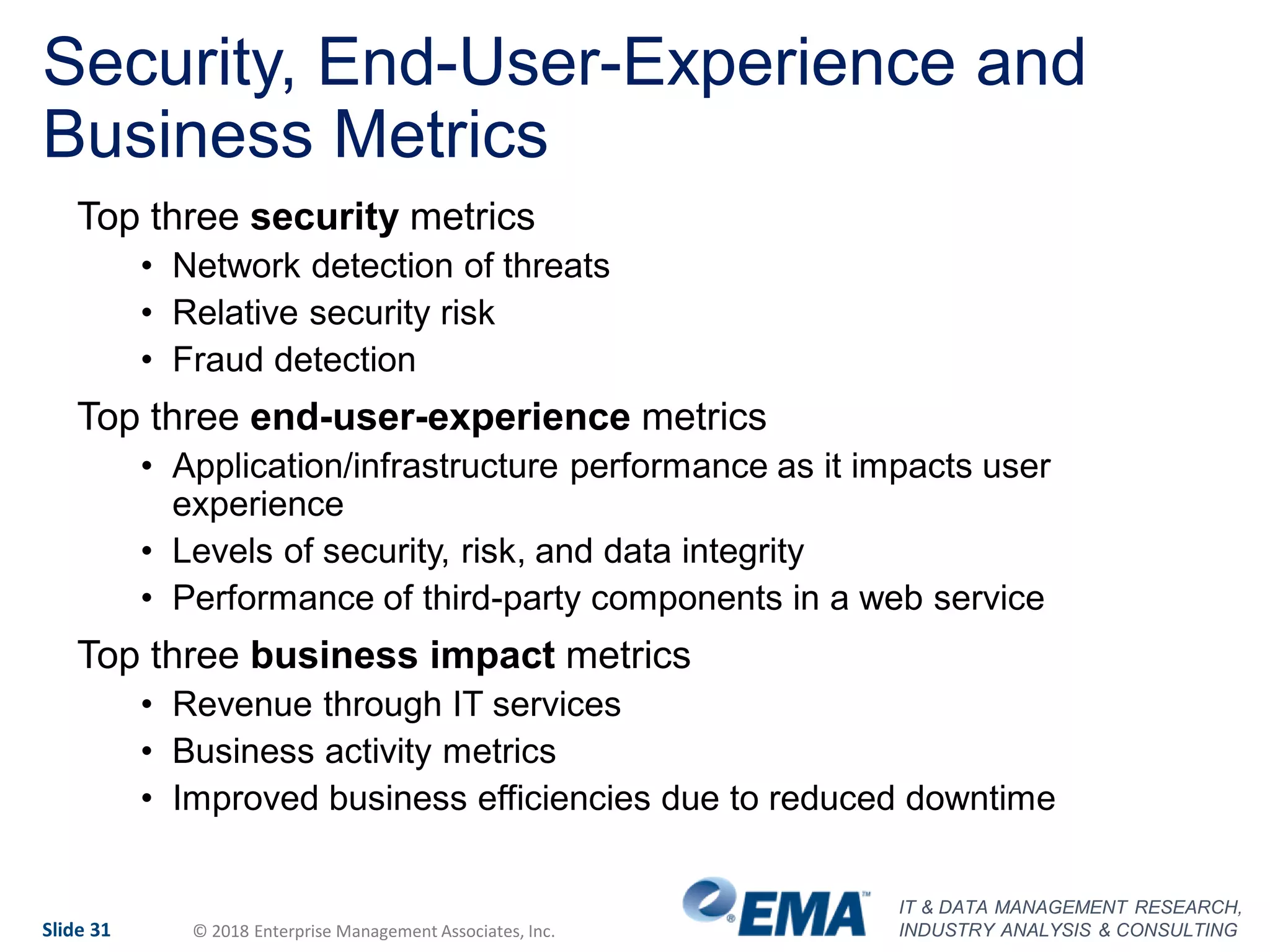 IT & DATA MANAGEMENT RESEARCH,
INDUSTRY ANALYSIS & CONSULTINGSlide 31 © 2018 Enterprise Management Associates, Inc.
Security, End-User-Experience and
Business Metrics
Top three security metrics
• Network detection of threats
• Relative security risk
• Fraud detection
Top three end-user-experience metrics
• Application/infrastructure performance as it impacts user
experience
• Levels of security, risk, and data integrity
• Performance of third-party components in a web service
Top three business impact metrics
• Revenue through IT services
• Business activity metrics
• Improved business efficiencies due to reduced downtime
 