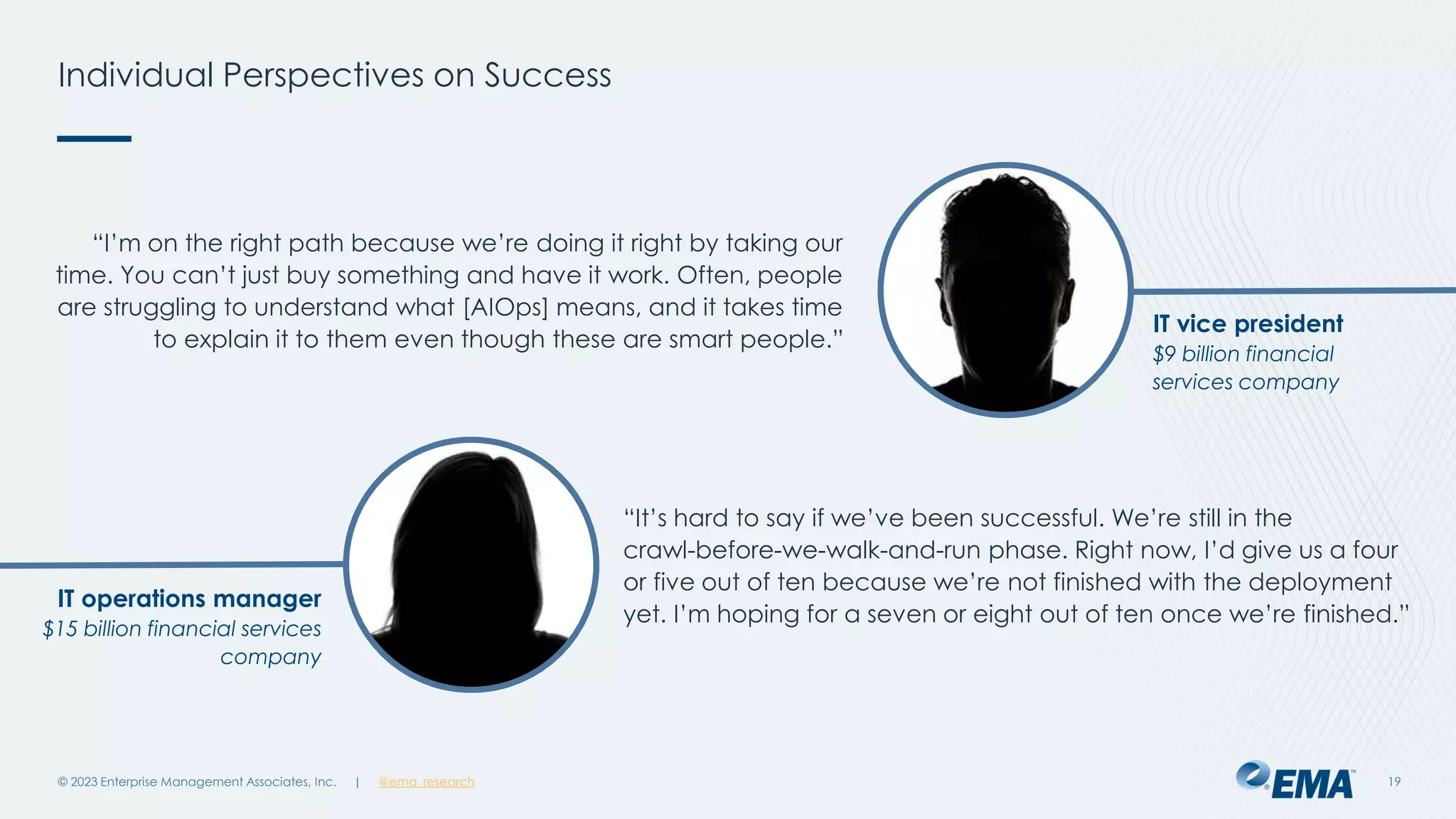 | @ema_research
| @ema_research
Individual Perspectives on Success
© 2023 Enterprise Management Associates, Inc. 19
IT vice president
$9 billion financial
services company
“I’m on the right path because we’re doing it right by taking our
time. You can’t just buy something and have it work. Often, people
are struggling to understand what [AIOps] means, and it takes time
to explain it to them even though these are smart people.”
IT operations manager
$15 billion financial services
company
“It’s hard to say if we’ve been successful. We’re still in the
crawl-before-we-walk-and-run phase. Right now, I’d give us a four
or five out of ten because we’re not finished with the deployment
yet. I’m hoping for a seven or eight out of ten once we’re finished.”
 