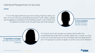 | @ema_research
| @ema_research
Individual Perspectives on Success
© 2023 Enterprise Management Associates, Inc. 19
IT vice president
$9 billion financial
services company
“I’m on the right path because we’re doing it right by taking our
time. You can’t just buy something and have it work. Often, people
are struggling to understand what [AIOps] means, and it takes time
to explain it to them even though these are smart people.”
IT operations manager
$15 billion financial services
company
“It’s hard to say if we’ve been successful. We’re still in the
crawl-before-we-walk-and-run phase. Right now, I’d give us a four
or five out of ten because we’re not finished with the deployment
yet. I’m hoping for a seven or eight out of ten once we’re finished.”
 