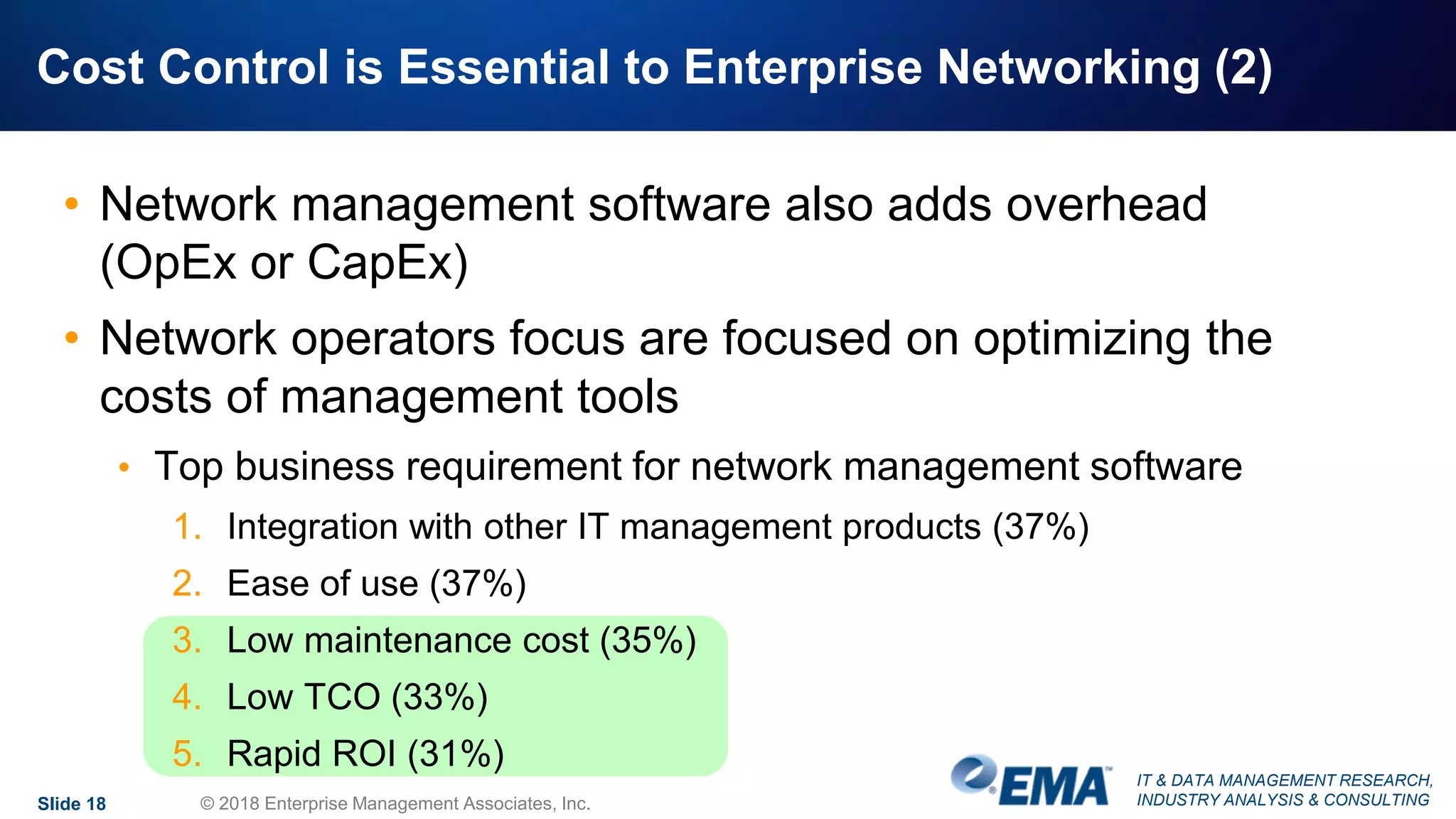 IT & DATA MANAGEMENT RESEARCH,
INDUSTRY ANALYSIS & CONSULTING
• Network management software also adds overhead
(OpEx or CapEx)
• Network operators focus are focused on optimizing the
costs of management tools
• Top business requirement for network management software
1. Integration with other IT management products (37%)
2. Ease of use (37%)
3. Low maintenance cost (35%)
4. Low TCO (33%)
5. Rapid ROI (31%)
Cost Control is Essential to Enterprise Networking (2)
Slide 18 © 2018 Enterprise Management Associates, Inc.
 
