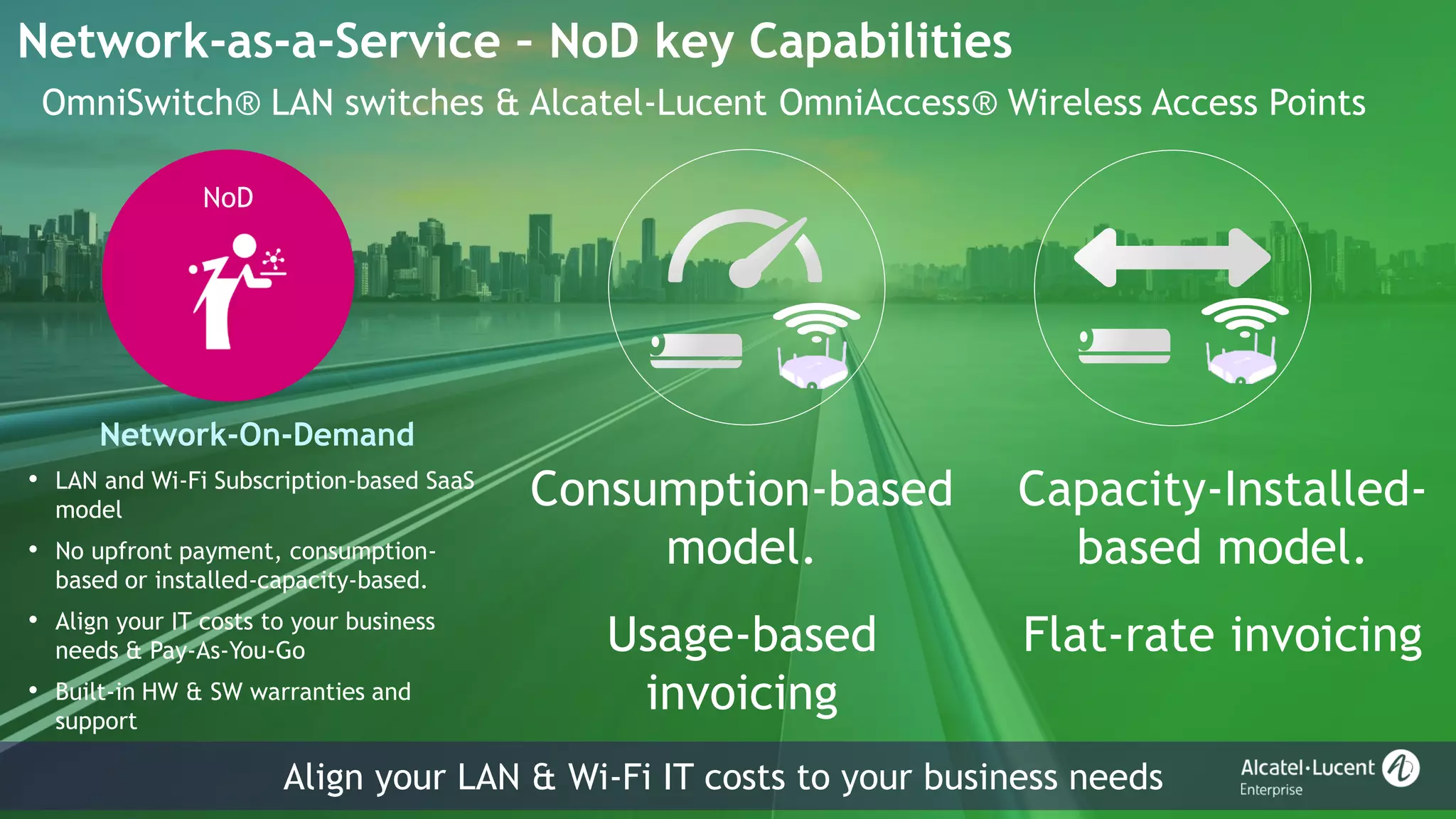 31
Network-as-a-Service – NoD key Capabilities
NoD
Network-On-Demand
• LAN and Wi-Fi Subscription-based SaaS
model
• No upfront payment, consumption-
based or installed-capacity-based.
• Align your IT costs to your business
needs & Pay-As-You-Go
• Built-in HW & SW warranties and
support
Consumption-based
model.
Usage-based
invoicing
Capacity-Installed-
based model.
Flat-rate invoicing
Align your LAN & Wi-Fi IT costs to your business needs
OmniSwitch® LAN switches & Alcatel-Lucent OmniAccess® Wireless Access Points
 