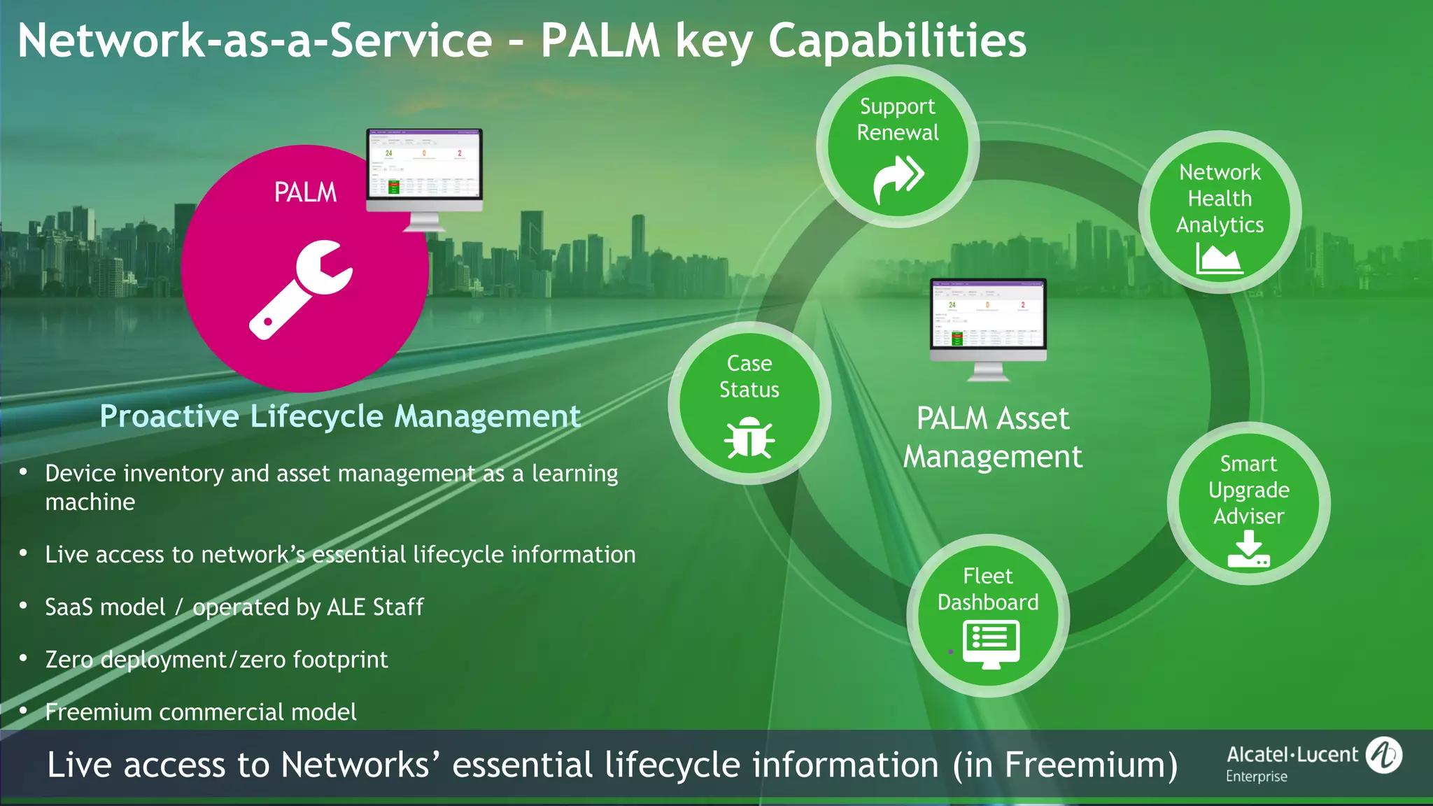 35Live access to Networks’ essential lifecycle information (in Freemium)
Network-as-a-Service – PALM key Capabilities
Proactive Lifecycle Management
• Device inventory and asset management as a learning
machine
• Live access to network’s essential lifecycle information
• SaaS model / operated by ALE Staff
• Zero deployment/zero footprint
• Freemium commercial model
PALM
PALM Asset
Management
Support
Renewal
Case
Status
Smart
Upgrade
Adviser
Network
Health
Analytics
Fleet
Dashboard
 