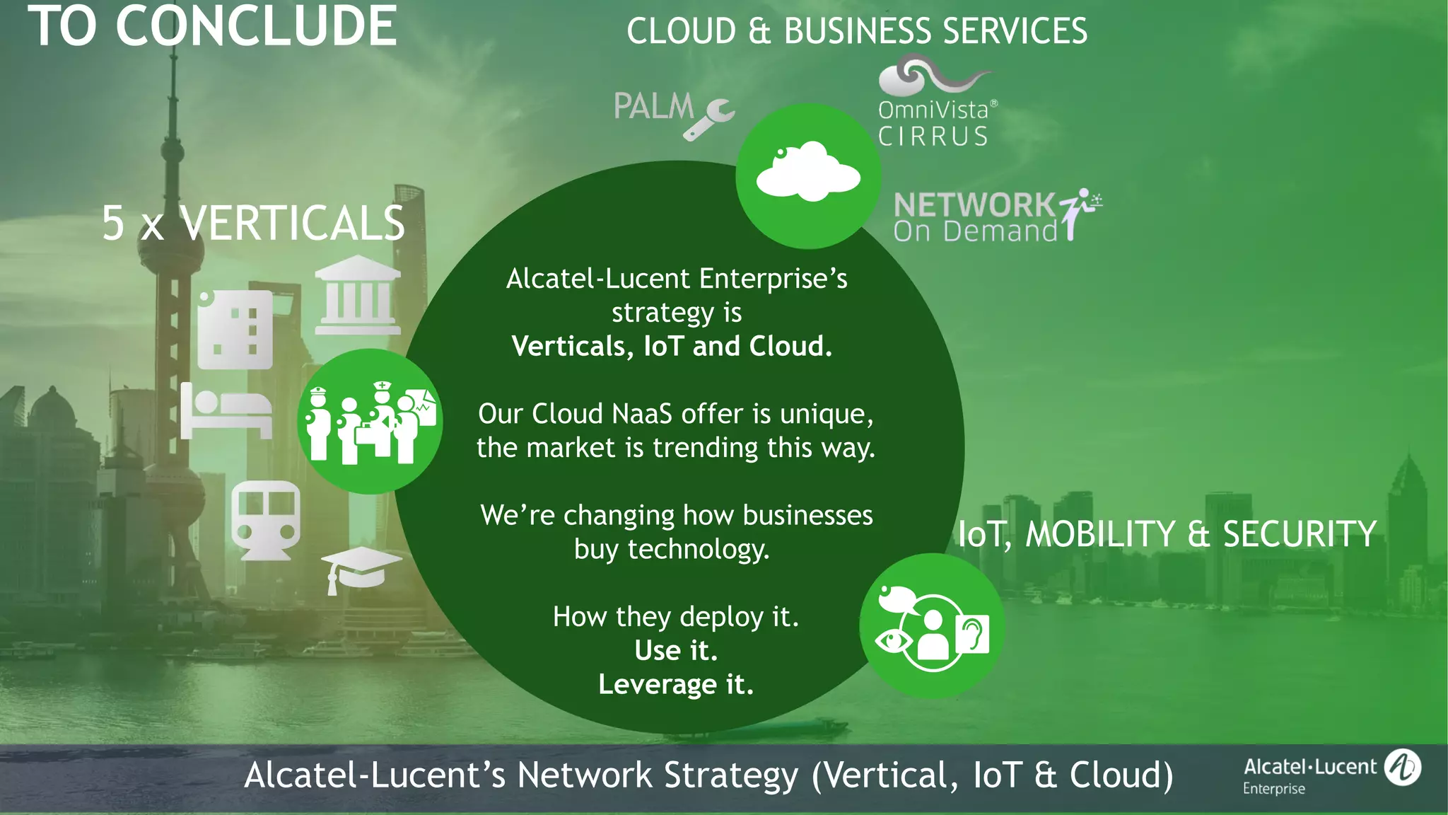 Alcatel-Lucent Enterprise’s
strategy is
Verticals, IoT and Cloud.
Our Cloud NaaS offer is unique,
the market is trending this way.
We’re changing how businesses
buy technology.
How they deploy it.
Use it.
Leverage it.
TO CONCLUDE
5 x VERTICALS
IoT, MOBILITY & SECURITY
PALM
CLOUD & BUSINESS SERVICES
Alcatel-Lucent’s Network Strategy (Vertical, IoT & Cloud)
 