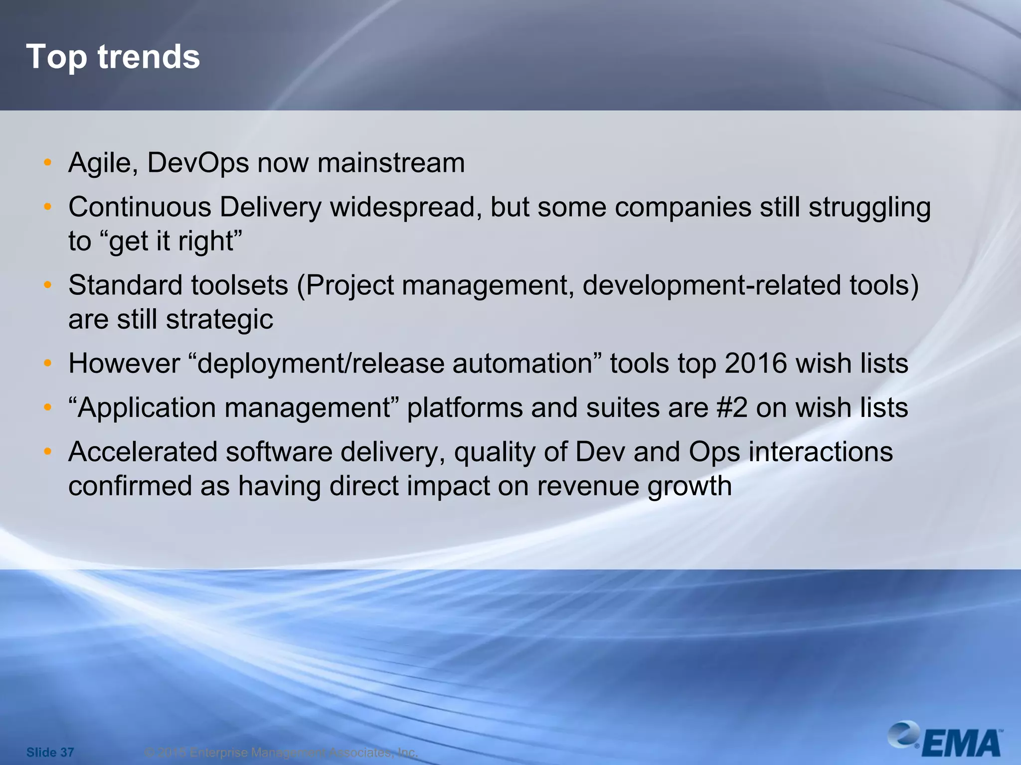 Top trends
• Agile, DevOps now mainstream
• Continuous Delivery widespread, but some companies still struggling
to “get it right”
• Standard toolsets (Project management, development-related tools)
are still strategic
• However “deployment/release automation” tools top 2016 wish lists
• “Application management” platforms and suites are #2 on wish lists
• Accelerated software delivery, quality of Dev and Ops interactions
confirmed as having direct impact on revenue growth
Slide 37 © 2015 Enterprise Management Associates, Inc.
 