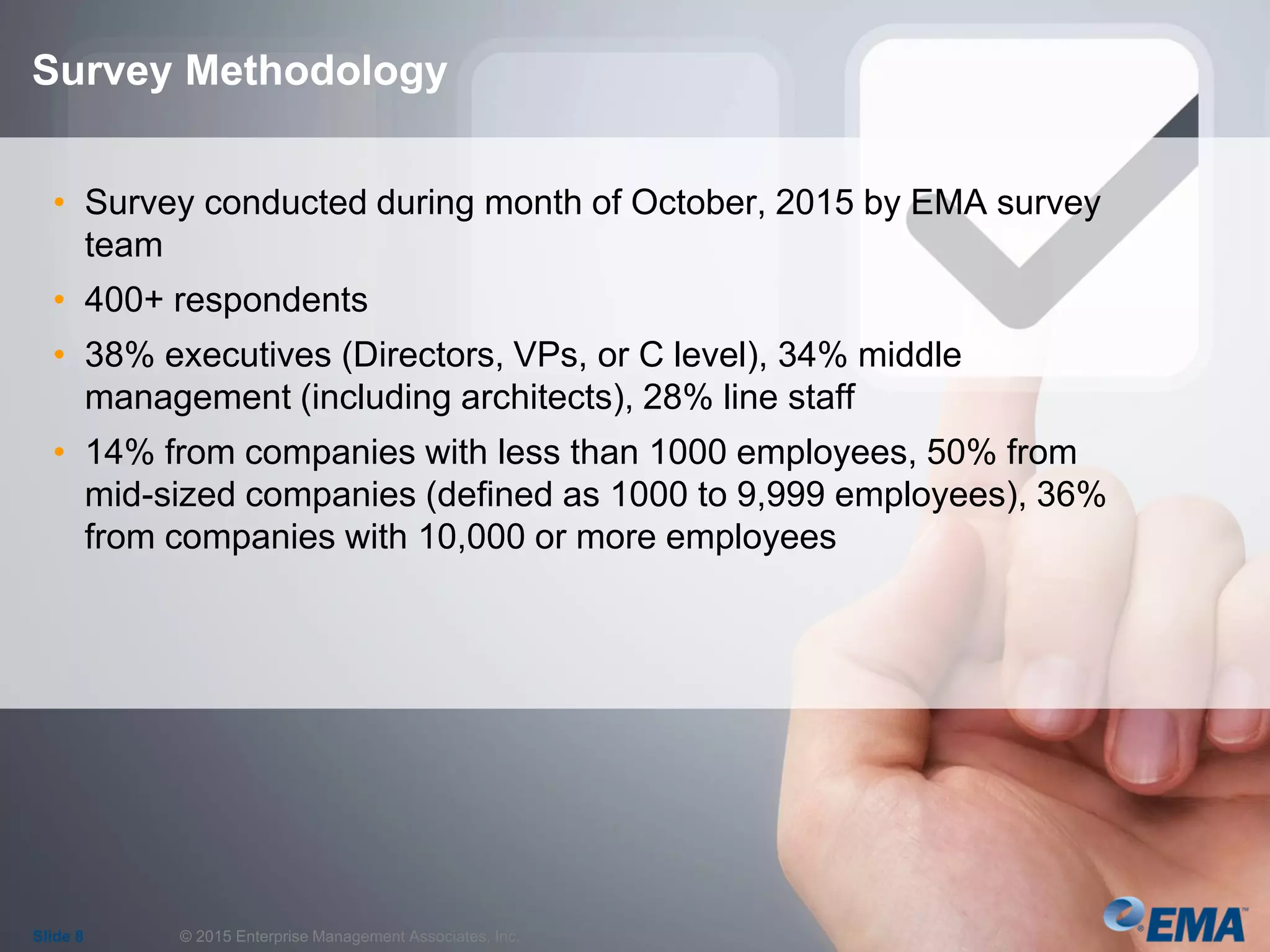 • Survey conducted during month of October, 2015 by EMA survey
team
• 400+ respondents
• 38% executives (Directors, VPs, or C level), 34% middle
management (including architects), 28% line staff
• 14% from companies with less than 1000 employees, 50% from
mid-sized companies (defined as 1000 to 9,999 employees), 36%
from companies with 10,000 or more employees
Slide 8 © 2015 Enterprise Management Associates, Inc.
Survey Methodology
 
