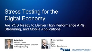 IT & DATA MANAGEMENT RESEARCH,
INDUSTRY ANALYSIS & CONSULTING
Sven Hammar
CEO
Apica
Twitter: @svenhammar
Stress Testing for the
Digital Economy
Julie Craig
Research Director
Enterprise Management Associates
Twitter: @julie_craig
Are YOU Ready to Deliver High Performance APIs,
Streaming, and Mobile Applications
 