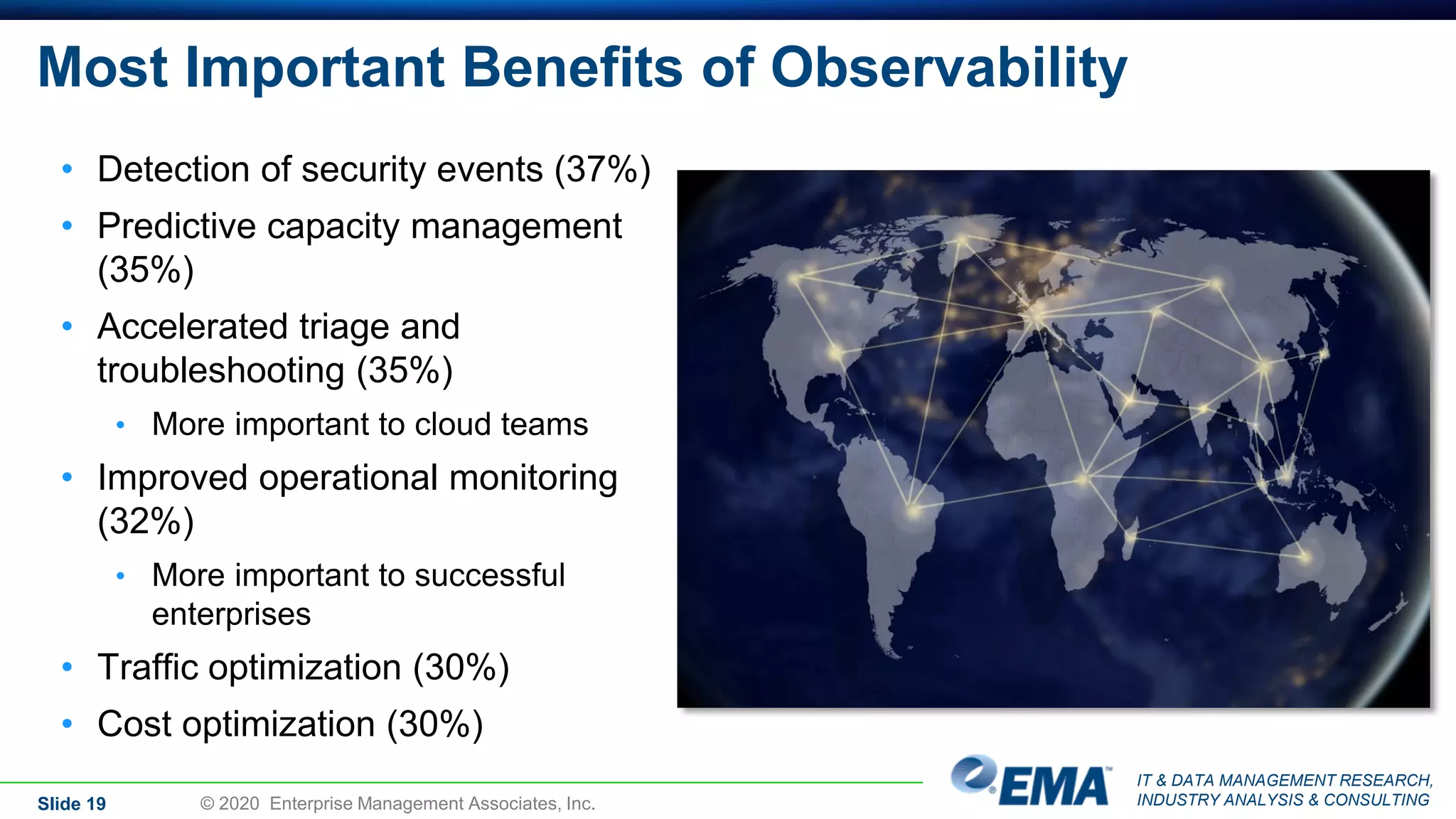 IT & DATA MANAGEMENT RESEARCH,
INDUSTRY ANALYSIS & CONSULTING
Most Important Benefits of Observability
• Detection of security events (37%)
• Predictive capacity management
(35%)
• Accelerated triage and
troubleshooting (35%)
• More important to cloud teams
• Improved operational monitoring
(32%)
• More important to successful
enterprises
• Traffic optimization (30%)
• Cost optimization (30%)
Slide 19 © 2020 Enterprise Management Associates, Inc.
 