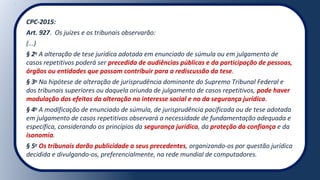 CPC-2015:
Art. 927. Os juízes e os tribunais observarão:
(...)
§ 2o
A alteração de tese jurídica adotada em enunciado de súmula ou em julgamento de
casos repetitivos poderá ser precedida de audiências públicas e da participação de pessoas,
órgãos ou entidades que possam contribuir para a rediscussão da tese.
§ 3o
Na hipótese de alteração de jurisprudência dominante do Supremo Tribunal Federal e
dos tribunais superiores ou daquela oriunda de julgamento de casos repetitivos, pode haver
modulação dos efeitos da alteração no interesse social e no da segurança jurídica.
§ 4o
A modificação de enunciado de súmula, de jurisprudência pacificada ou de tese adotada
em julgamento de casos repetitivos observará a necessidade de fundamentação adequada e
específica, considerando os princípios da segurança jurídica, da proteção da confiança e da
isonomia.
§ 5o
Os tribunais darão publicidade a seus precedentes, organizando-os por questão jurídica
decidida e divulgando-os, preferencialmente, na rede mundial de computadores.
 
