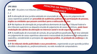 CPC-2015:
Art. 927. Os juízes e os tribunais observarão:
(...)
§ 2o
A alteração de tese jurídica adotada em enunciado de súmula ou em julgamento de
casos repetitivos poderá ser precedida de audiências públicas e da participação de pessoas,
órgãos ou entidades que possam contribuir para a rediscussão da tese.
§ 3o
Na hipótese de alteração de jurisprudência dominante do Supremo Tribunal Federal e
dos tribunais superiores ou daquela oriunda de julgamento de casos repetitivos, pode haver
modulação dos efeitos da alteração no interesse social e no da segurança jurídica.
§ 4o
A modificação de enunciado de súmula, de jurisprudência pacificada ou de tese adotada
em julgamento de casos repetitivos observará a necessidade de fundamentação adequada e
específica, considerando os princípios da segurança jurídica, da proteção da confiança e da
isonomia.
§ 5o
Os tribunais darão publicidade a seus precedentes, organizando-os por questão jurídica
decidida e divulgando-os, preferencialmente, na rede mundial de computadores.
PRINCÍPIO DA PROTEÇÃO DACONFIANÇA
 
