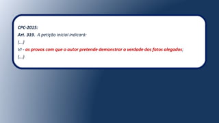 CPC-2015:
Art. 319. A petição inicial indicará:
(...)
VI - as provas com que o autor pretende demonstrar a verdade dos fatos alegados;
(...)
 