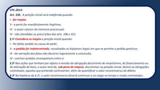 CPC-2015:
Art. 330. A petição inicial será indeferida quando:
I - for inepta;
II - a parte for manifestamente ilegítima;
III - o autor carecer de interesse processual;
IV - não atendidas as prescrições dos arts. 106 e 321.
§ 1o
Considera-se inepta a petição inicial quando:
I - lhe faltar pedido ou causa de pedir;
II - o pedido for indeterminado, ressalvadas as hipóteses legais em que se permite o pedido genérico;
III - da narração dos fatos não decorrer logicamente a conclusão;
IV - contiver pedidos incompatíveis entre si.
§ 2o
Nas ações que tenham por objeto a revisão de obrigação decorrente de empréstimo, de financiamento ou
de alienação de bens, o autor terá de, sob pena de inépcia, discriminar na petição inicial, dentre as obrigações
contratuais, aquelas que pretende controverter, além de quantificar o valor incontroverso do débito.
§ 3o
Na hipótese do § 2o
, o valor incontroverso deverá continuar a ser pago no tempo e modo contratados.
 