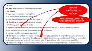 CPC-2015:
Art. 330.  A petição inicial será indeferida quando:
I - for inepta;
II - a parte for manifestamente ilegítima;
III - o autor carecer de interesse processual;
IV - não atendidas as prescrições dos arts. 106 e 321.
§ 1o
Considera-se inepta a petição inicial quando:
I - lhe faltar pedido ou causa de pedir;
II - o pedido for indeterminado, ressalvadas as hipóteses legais em que se permite o pedido genérico;
III - da narração dos fatos não decorrer logicamente a conclusão;
IV - contiver pedidos incompatíveis entre si.
§ 2o
Nas ações que tenham por objeto a revisão de obrigação decorrente de empréstimo, de financiamento ou 
de alienação de bens, o autor terá de, sob pena de inépcia, discriminar na petição inicial, dentre as obrigações 
contratuais, aquelas que pretende controverter, além de quantificar o valor incontroverso do débito.
§ 3o
Na hipótese do § 2o
, o valor incontroverso deverá continuar a ser pago no tempo e modo contratados.
NOVAS
HIPÓTESES DE
INÉPCIA
IMPOSSIBILIDADE JURÍDICA DO
PEDIDO COMO CAUSA DE INÉPCIA
 