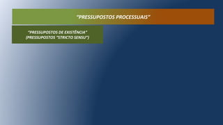 “PRESSUPOSTOS PROCESSUAIS”
“PRESSUPOSTOS DE EXISTÊNCIA”
(PRESSUPOSTOS “STRICTO SENSU”)
 