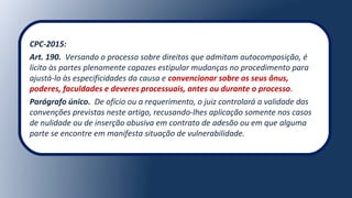 CPC-2015:
Art. 190.  Versando o processo sobre direitos que admitam autocomposição, é 
lícito às partes plenamente capazes estipular mudanças no procedimento para 
ajustá-lo às especificidades da causa e convencionar sobre os seus ônus,
poderes, faculdades e deveres processuais, antes ou durante o processo.
Parágrafo único.  De ofício ou a requerimento, o juiz controlará a validade das 
convenções previstas neste artigo, recusando-lhes aplicação somente nos casos 
de nulidade ou de inserção abusiva em contrato de adesão ou em que alguma 
parte se encontre em manifesta situação de vulnerabilidade.
 