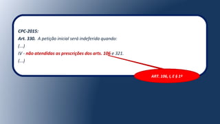 CPC-2015:
Art. 330.  A petição inicial será indeferida quando:
(...)
IV - não atendidas as prescrições dos arts. 106 e 321.
(...)
ART. 106, I, E § 1º
 