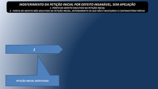 1
PETIÇÃO INICIAL DEFEITUOSA
INDEFERIMENTO DA PETIÇÃO INICIAL POR DEFEITO INSANÁVEL, SEM APELAÇÃO
1- PONTO DO DEFEITO DISCUTIDO NA PETIÇÃO INICIAL
2 - PONTO DO DEFEITO NÃO DISCUTIDO NA PETIÇÃO INICIAL. ENTENDIMENTO DE QUE NÃO É NECESSÁRIO O CONTRADITÓRIO PRÉVIO
 