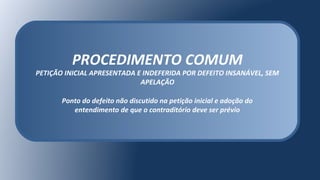 PROCEDIMENTO COMUM
PETIÇÃO INICIAL APRESENTADA E INDEFERIDA POR DEFEITO INSANÁVEL, SEM
APELAÇÃO
Ponto do defeito não discutido na petição inicial e adoção do
entendimento de que o contraditório deve ser prévio
 