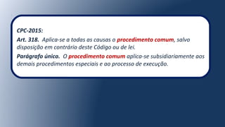 CPC-2015:
Art. 318.  Aplica-se a todas as causas o procedimento comum, salvo 
disposição em contrário deste Código ou de lei.
Parágrafo único.  O procedimento comum aplica-se subsidiariamente aos 
demais procedimentos especiais e ao processo de execução.
 