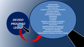 DEVIDO
PROCESSO
LEGAL
CONTRADITÓRIO
ISONOMIA DAS PARTES
BOA-FÉ OBJETIVA
ESTÍMULO ESTATAL À AUTOCOMPOSIÇÃO
LICITUDE DA PROVA
PUBLICIDADE DOS ATOS
MOTIVAÇÃO DAS DECISÕES
COOPERAÇÃO
EFETIVIDADE
EFICIÊNCIA
RESPEITO À AUTONOMIA DA VONTADE
PRIMAZIA DA DECISÃO DE MÉRITO
JUIZ NATURAL
DURAÇÃO RAZOÁVEL DO PROCESSO
INAFASTABILIDADE DA JURISDIÇÃO
PROTEÇÃO DA CONFIANÇA
ADEQUAÇÃO DO PROCEDIMENTO
PRESERVAÇÃO DA DIGNIDADE DA PESSOA HUMANA
 