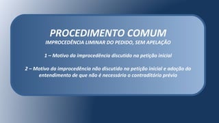 PROCEDIMENTO COMUM
IMPROCEDÊNCIA LIMINAR DO PEDIDO, SEM APELAÇÃO
1 – Motivo da improcedência discutido na petição inicial
2 – Motivo da improcedência não discutido na petição inicial e adoção do
entendimento de que não é necessário o contraditório prévio
 