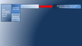 COM
DESIGNAÇÃO
DE AUDIÊNCIA
(art. 334,
“caput”)
AUDIÊNCIA
REALIZADA
AUDIÊNCIA
CANCELADA
OCORRE AUTOCOMPOSIÇÃO REDUÇÃO A TERMO E HOMOLOGAÇÃO
POR SENTENÇA (art. 334, § 11)
 