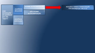 COM
DESIGNAÇÃO
DE AUDIÊNCIA
(art. 334,
“caput”)
AUDIÊNCIA
REALIZADA
AUDIÊNCIA
CANCELADA
OCORRE AUTOCOMPOSIÇÃO
NÃO OCORRE
AUTOCOMPOSIÇÃO
REDUÇÃO A TERMO E HOMOLOGAÇÃO
POR SENTENÇA (art. 334, § 11)
 