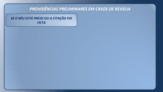 PROVIDÊNCIAS PRELIMINARES EM CASOS DE REVELIA
SE O RÉU ESTÁ PRESO OU A CITAÇÃO FOI
FICTA
 