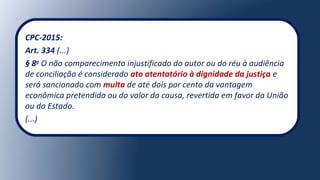 CPC-2015:
Art. 334 (...)
§ 8o
O não comparecimento injustificado do autor ou do réu à audiência
de conciliação é considerado ato atentatório à dignidade da justiça e
será sancionado com multa de até dois por cento da vantagem
econômica pretendida ou do valor da causa, revertida em favor da União
ou do Estado.
(...)
 