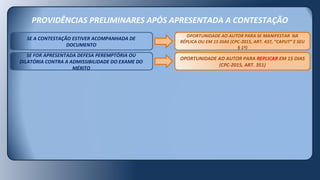 PROVIDÊNCIAS PRELIMINARES APÓS APRESENTADA A CONTESTAÇÃO
SE FOR APRESENTADA DEFESA PEREMPTÓRIA OU
DILATÓRIA CONTRA A ADMISSIBILIDADE DO EXAME DO
MÉRITO
SE A CONTESTAÇÃO ESTIVER ACOMPANHADA DE
DOCUMENTO
OPORTUNIDADE AO AUTOR PARA REPLICAR EM 15 DIAS
(CPC-2015, ART. 351)
OPORTUNIDADE AO AUTOR PARA SE MANIFESTAR NA
RÉPLICA OU EM 15 DIAS (CPC-2015, ART. 437, “CAPUT” E SEU
§ 1º)
 