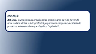 CPC-2015:
Art. 353. Cumpridas as providências preliminares ou não havendo
necessidade delas, o juiz proferirá julgamento conforme o estado do
processo, observando o que dispõe o Capítulo X.
 