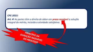 CPC-2015:
Art. 4o
As partes têm o direito de obter em prazo razoável a solução
integral do mérito, incluída a atividade satisfativa.
PRINCÍPIO DA
DURAÇÃO RAZOÁVEL
DO PROCESSO
 