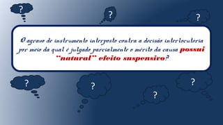 O agravo de instrumento interposto contra a decisão interlocutória
por meio da qual é julgado parcialmente o mérito da causa possui
“natural” efeito suspensivo?
?
?
? ?
?
?
?
 