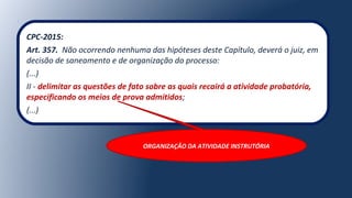 CPC-2015:
Art. 357. Não ocorrendo nenhuma das hipóteses deste Capítulo, deverá o juiz, em
decisão de saneamento e de organização do processo:
(...)
II - delimitar as questões de fato sobre as quais recairá a atividade probatória,
especificando os meios de prova admitidos;
(...)
ORGANIZAÇÃO DA ATIVIDADE INSTRUTÓRIA
 