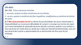 CPC-2015:
Art. 373. O ônus da prova incumbe:
I - ao autor, quanto ao fato constitutivo de seu direito;
II - ao réu, quanto à existência de fato impeditivo, modificativo ou extintivo do direito
do autor.
§ 1o
Nos casos previstos em lei ou diante de peculiaridades da causa relacionadas à
impossibilidade ou à excessiva dificuldade de cumprir o encargo nos termos do caput
ou à maior facilidade de obtenção da prova do fato contrário, poderá o juiz atribuir o
ônus da prova de modo diverso, desde que o faça por decisão fundamentada, caso em
que deverá dar à parte a oportunidade de se desincumbir do ônus que lhe foi
atribuído.
(...)
 